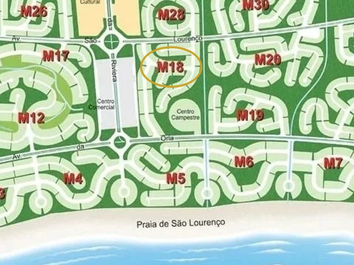 Mapa dos módulos da Riviera de São Lourenço com o Módulo 18 em destaque, ao lado do centro comercial