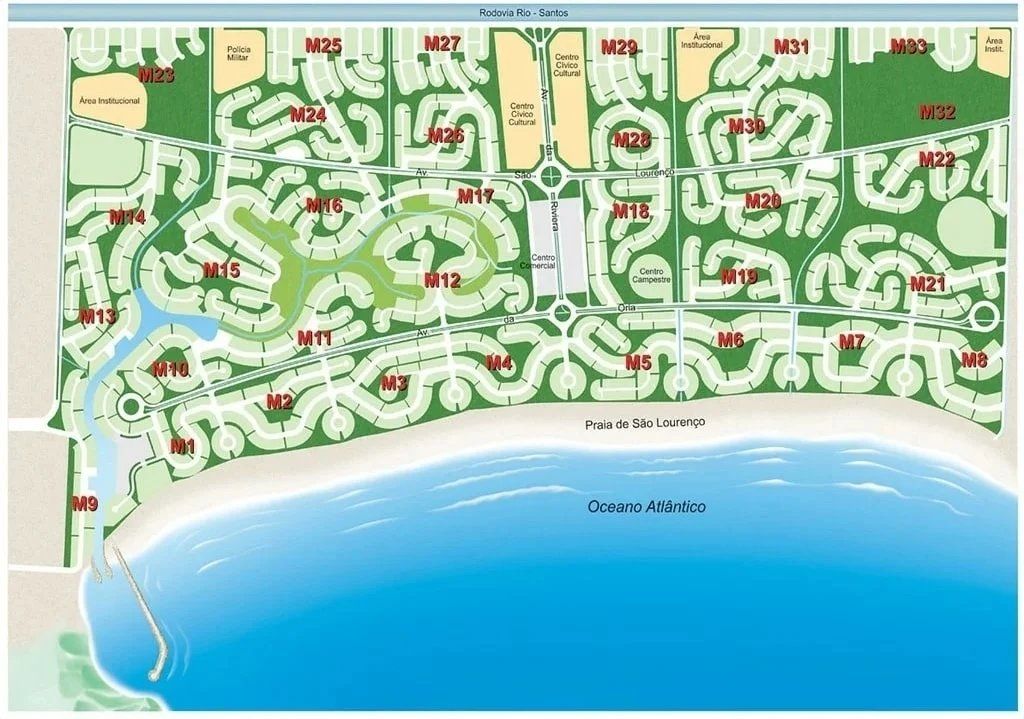 Mapa dos módulos da Riviera de São Lourenço, com a localização do Módulo 09 — Veleiros (identificado como M9)