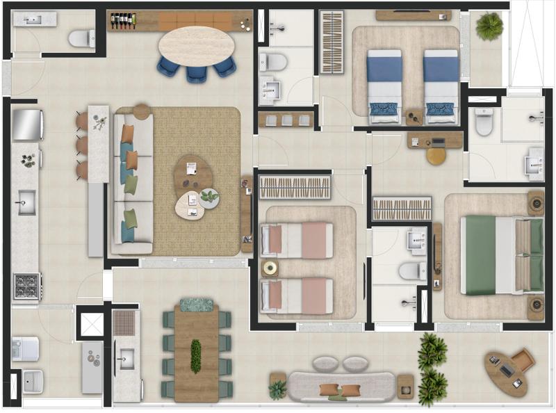 Planta do apartamento tipo de 127,20 m² com 3 suítes