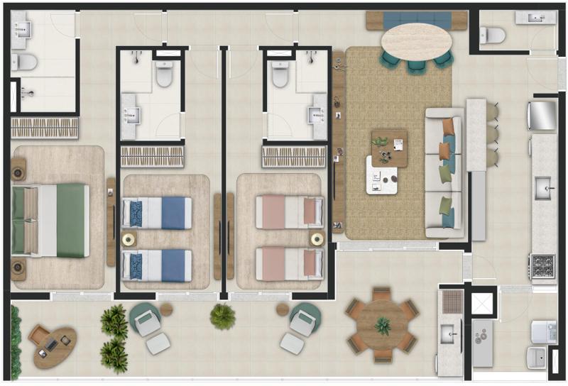 Planta do apartamento tipo de 140,64 m² com 3 suítes