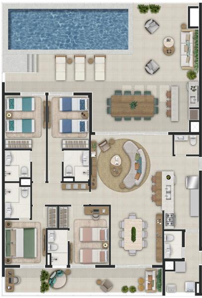 Planta da penthouse de 254,99 m² com 4 suítes e piscina