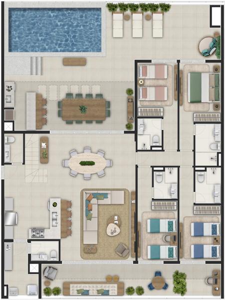 Planta da penthouse de 264,44 m² com 4 suítes e piscina