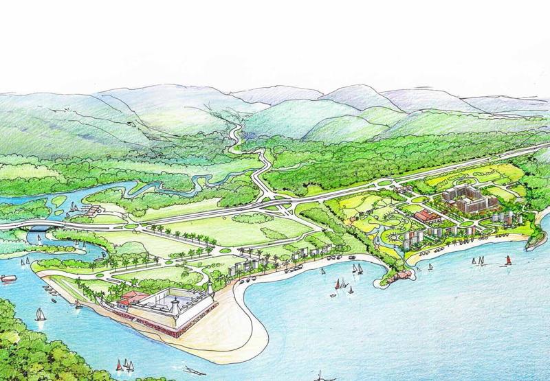 Ilustração da região de Bertioga com o Saint Tropez Village e o Riviera Shopping